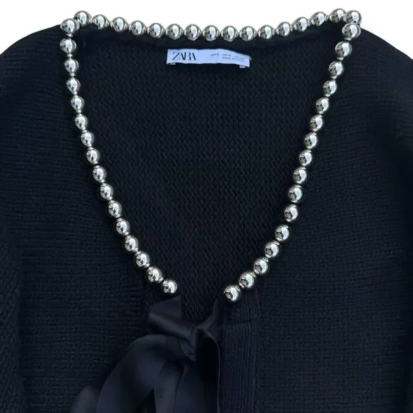 Zara Pearl Bow Chunky Knit Cardigan Size S Wool Blend Whimsi Feminine Coquette - Picture 2 of 7